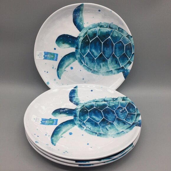 4 Sigrid Olsen Blue Sea Turtle Melamine Dinner Plate Set Ocean Watercolor 11\